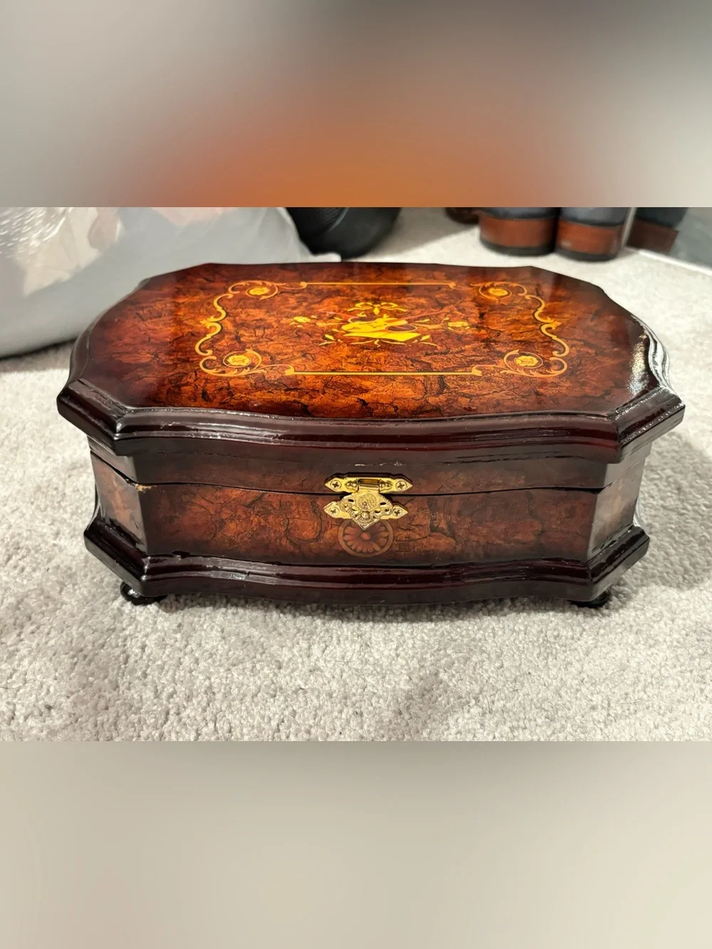 Wooden Organizer Vintage with Violin Marquetry - 6 Compartments and Velvet Int